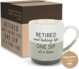 Pavilion Retirement Coffee Mug - "Retired & Taking Life One Sip at a Time" Text Design - Speckled Stoneware Coffee Cup for Retirees, Microwave & Dishwasher Safe, Beige w/ Bronze Metallic Bottom, 15 oz