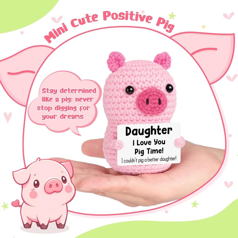 Funny Positive Pig Gifts for Daughter Birthday Christmas, Handmade Crochet Emotional Inspirational Pink Pig for Daughter Teens Adult, Daughter Gifts for Birthday Graduation Christmas Cute Decor