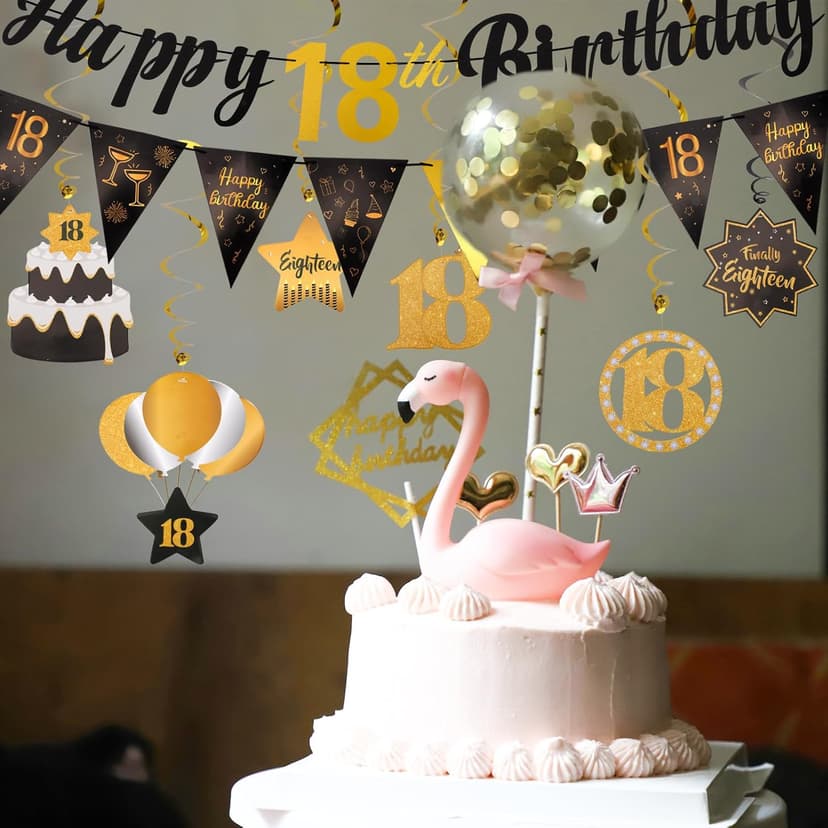 Black & Gold 18th Birthday Banner with 10PCS Swirls - Happy 18th Birthday Decorations for Boys & Girls