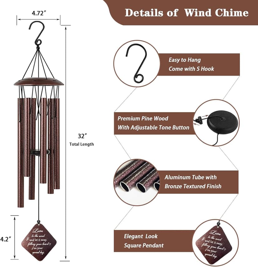 60th Birthday Gifts for Women, 32” Wind Chimes Happy 60 Year Old Birthday Gifts for Her Mom Sister Wife Grandma