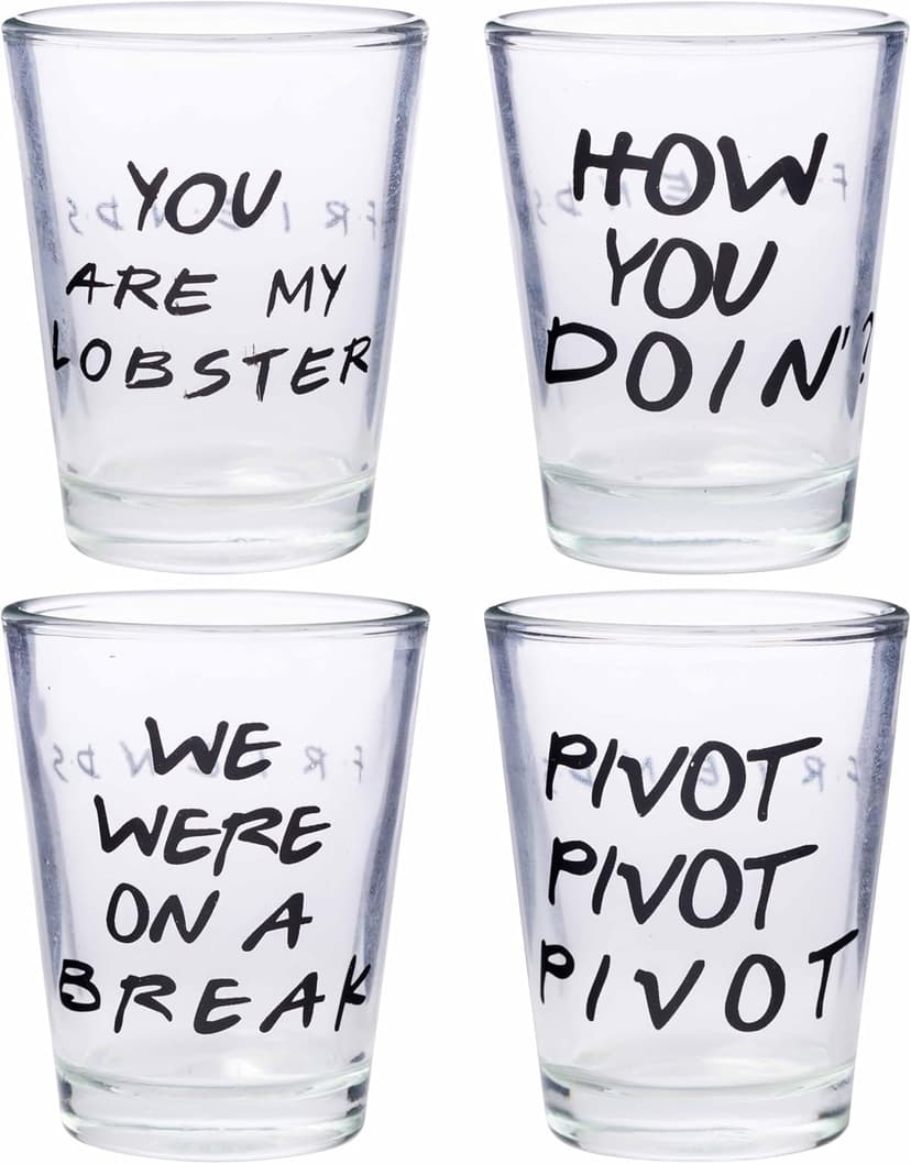 Silver Buffalo Friends Iconic Quotes "You're My Lobster," "How You Doin'" "Pivot," and "We Were On A Break!" 4 Pack Mini Glasses, 1.5 Ounces