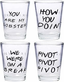 Silver Buffalo Friends Iconic Quotes "You're My Lobster," "How You Doin'" "Pivot," and "We Were On A Break!" 4 Pack Mini Glasses, 1.5 Ounces