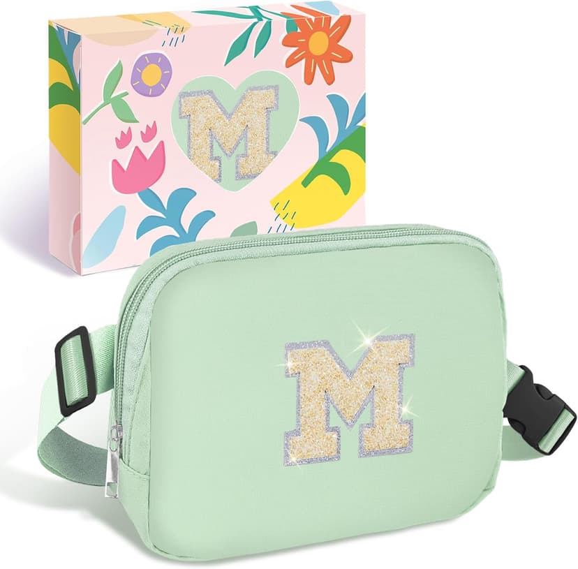 COSHAYSOO Green Belt Bag Crossbody Initial Fanny Pack Preppy Trendy Stuff for Teen Flower Girls 5 6 7 8 9 10 Year Old Personalized Cute Wedding Party Bridesmaid Birthday Easter Gift Letter M