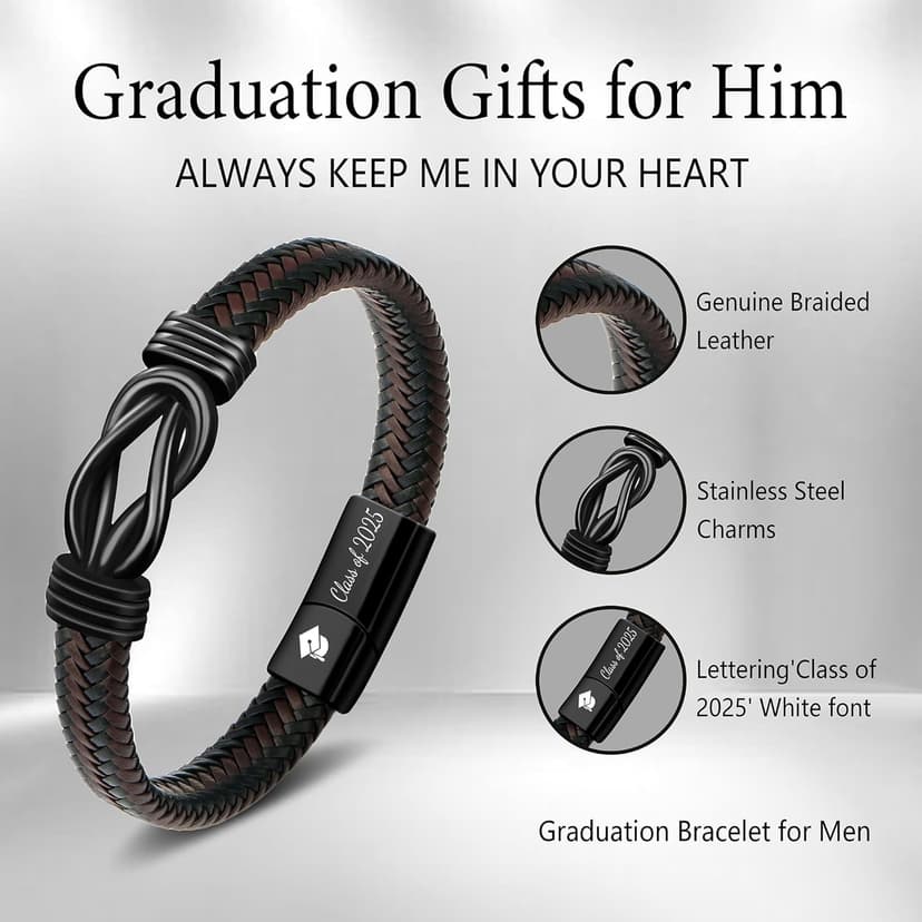 𝗚𝗿𝗮𝗱𝘂𝗮𝘁𝗶𝗼𝗻 𝗚𝗶𝗳𝘁𝘀 𝗳𝗼𝗿 𝗛𝗶𝗺 𝟮𝟬𝟮𝟱 High School, College Graduation Gifts for Men Class of 2025 Leather Stainless Steel Knot Bracelet for Son Boyfriend Brother Grandson Friends