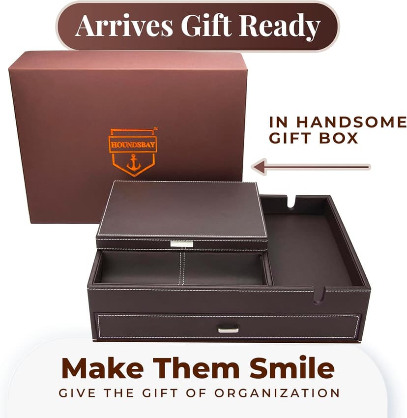 Mens Watch Box Leather Valet Tray - Bedside Table Organizer, Men's Jewelry Box, Watch Case for Men with Large Smartphone Charging Station - Jewelry Box for Men with Valet Box and Nightstand Organizer