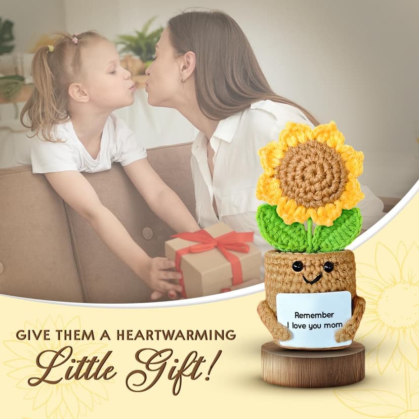 Mini Sunflower Mom Gifts from Daughter Son Kid, Handmade Crochet Mothers Day Christmas Birthday Gift with Card, Remember I Love You Mom, Positive Emotional Present, Cute Small Stuff Things