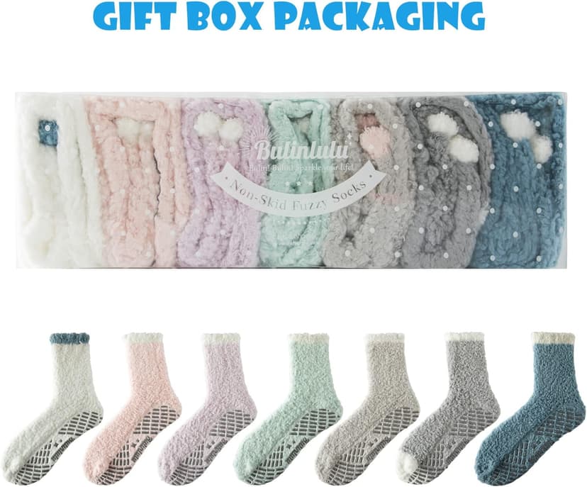 Bulinlulu Fuzzy Socks with Grips Plush Sleep Cozy Winter Soft Hospital Fluffy Socks Gifts for Womens Mens Gifts