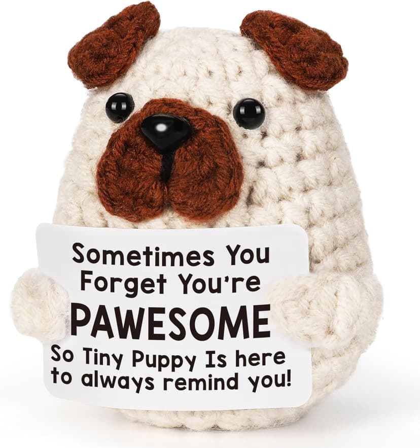 Positive Crochet Animals Puppy for Mom Women Friend Birthday, Emotional Inspirational Support Presents for Pet Lover Dog Mom Dad, Cute Handmade Tiny Pug Plush Doll