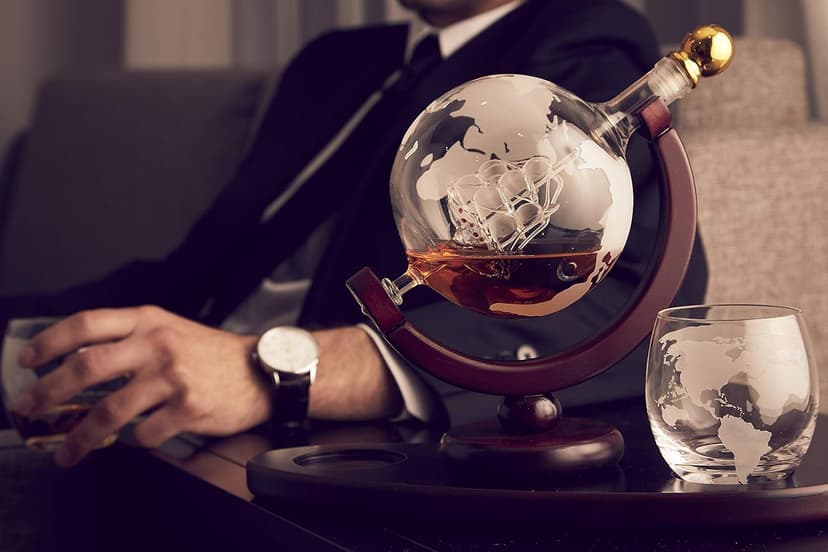 Gifts for Men, Whiskey Decanter Globe Set with 2 Etched Whiskey Glasses - for Liquor Scotch Bourbon Vodka, Gifts For Dad - 850ml