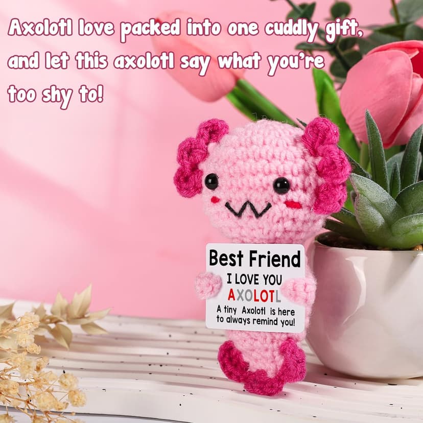 Friendship Gift Crochet Axolotl, Tiny Handmade Present for Best Friend, Sisters, Coworker Work Bestie, Funny for Birthday, Valentines, Christmas, Easter, Mother's Day, Graduation