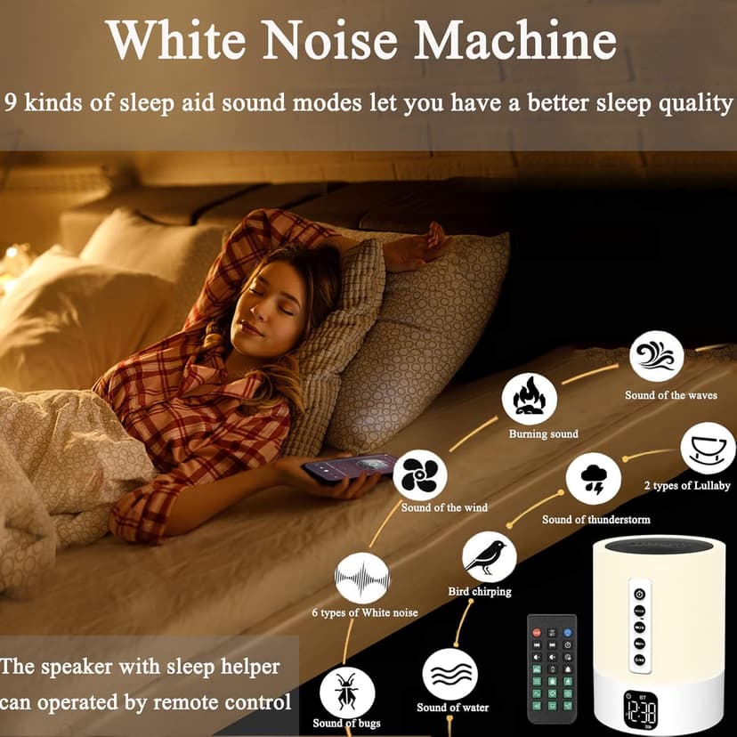 Alarm Clock Bluetooth Speaker, Night Light White Noise Machine Touch Bedside Lamp with Alarm Clock for Kids Multi-Color Changing Night Light Xmas Gifts for Teenage Girls Boys Women Teen Girl Gifts