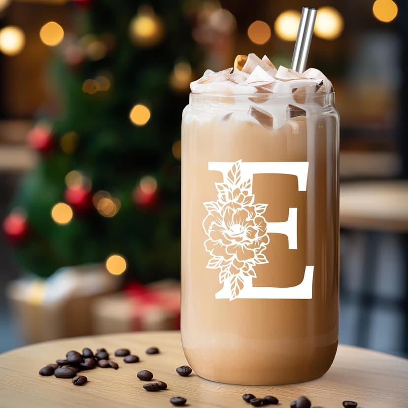 Coolife Initial Glass Cup, Monogrammed Gifts for Women, 16 oz Glass Cups w/Lids Straws, Iced Coffee Smoothie Beer Tumbler w/Straw Lid - Personalized Christmas, Birthday Gifts for Her Mom Friend Woman