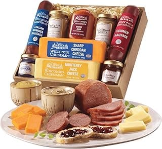 The Wisconsin Cheeseman Hostess Delight Gift Basket with Summer Sausage Meats and Cheeses – Charcuterie Boards for Holiday or Thank You Gifts for Adults, Women, and Men
