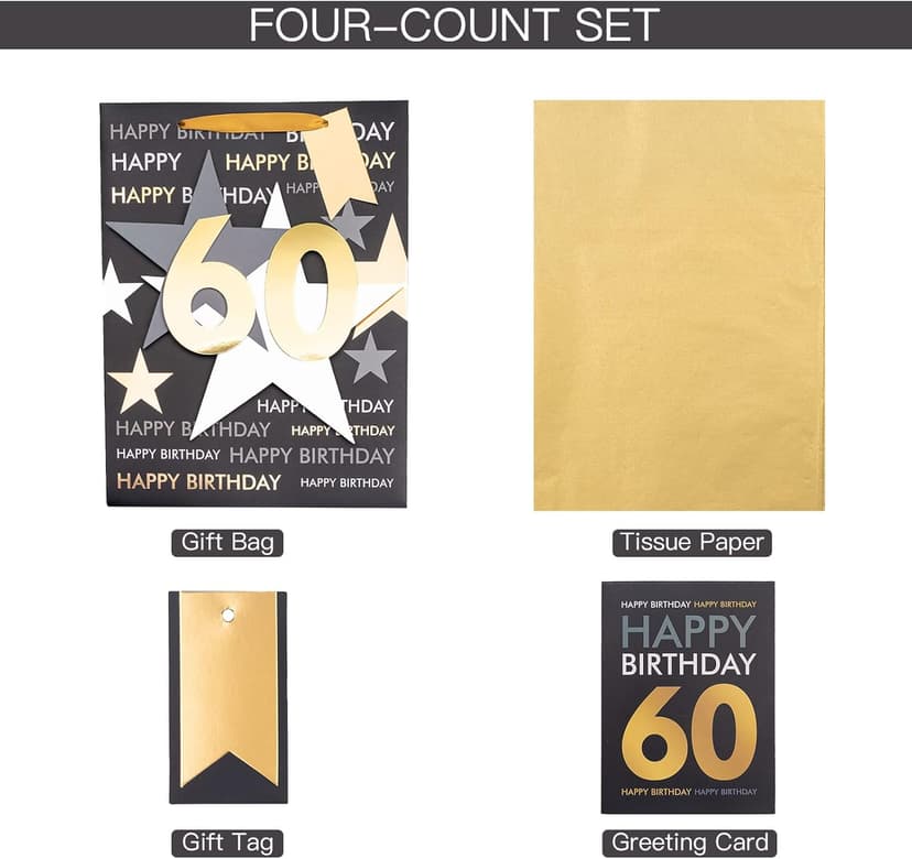 Loveinside Birthday Gift Bag with Tissue Paper and Greeting Card for 60 Birthday - 10" x 5" x 13", 1 Pcs, Black Gold