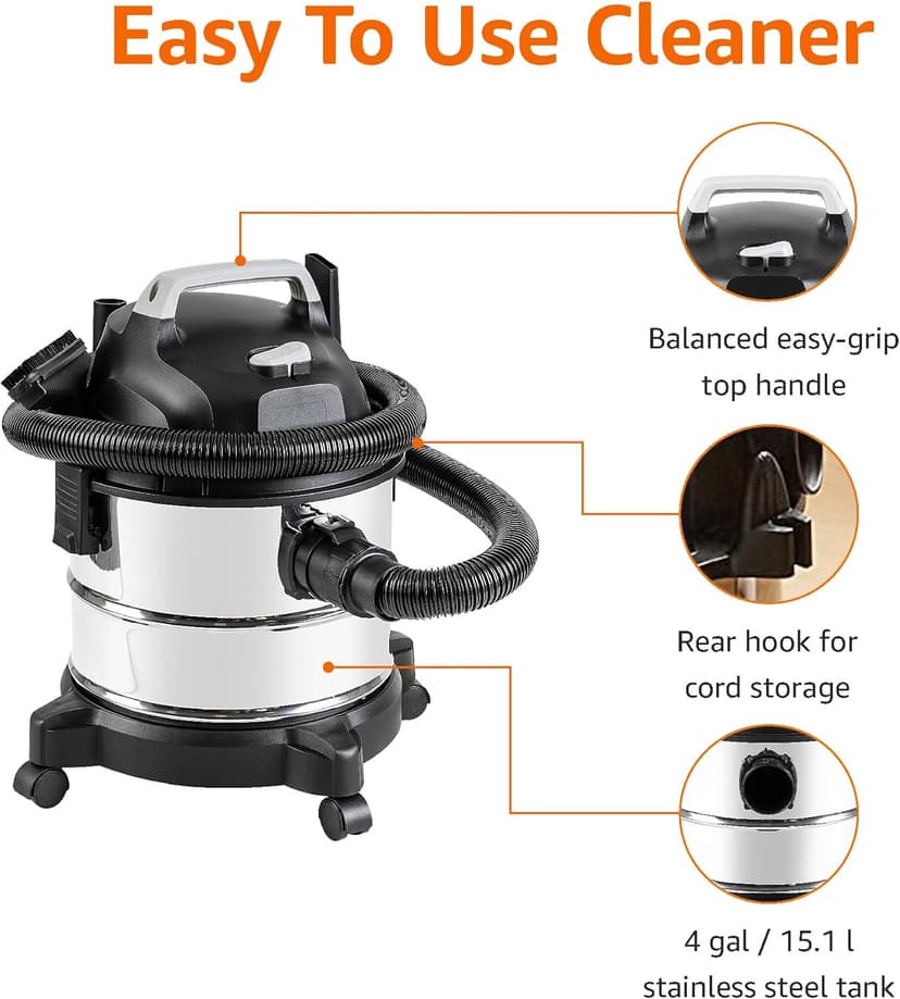 Amazon Basics Wet Dry Vacuum Cleaner, 4 gallon Shop, 3 HP Stainless Steel, Grey/Black