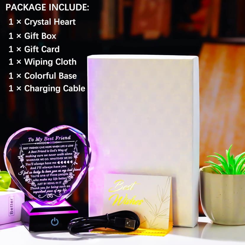 Best Friend Birthday Gifts with Colorful LED Base Crystal to My Best Friend Heart Gifts Friendship Gift for Women for Christmas Female Friend Gift Ideas BFF Gift for Her, Bestie Gifts