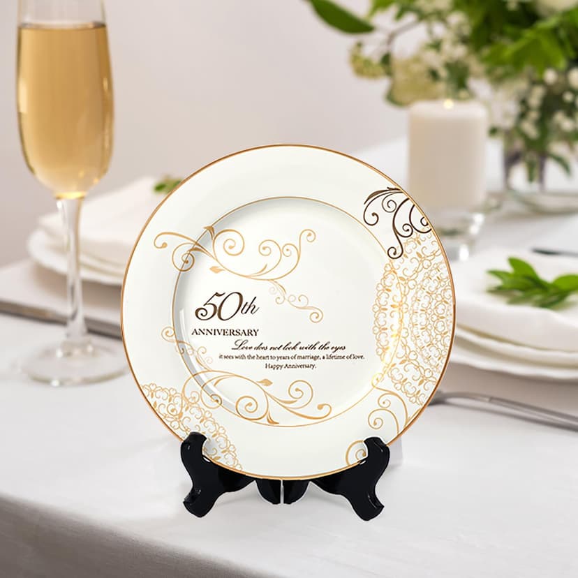 50th Anniversary Wedding Gifts for Couples Parents - 50 Year Marriage Plate with 24k Gold Foil, Golden Keepsake Gift, Ceramic 9 inch