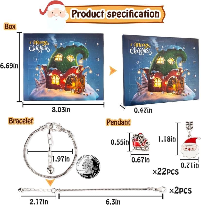 Christmas Advent Calendar Bracelets 2025 for Girls 24 Days Xmas Countdown Calendar DIY Jewelry Making Kit Gift 22 Charm Beads 2 Bracelets for Kids Teens Women