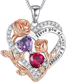 I Love You Birthstone Necklace, 925 Sterling Silver Heart Pendant with CZ Diamond Stones, Birthday Gifts for Women, Romantic Gift for Wife, Girlfriend, Her, Anniversary, Valentine's Day, Christmas
