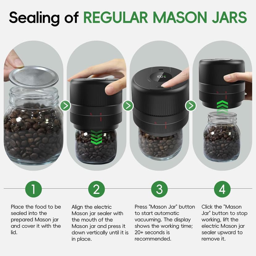 Mason Jar Vacuum Sealer Kit, Electric Sealer for Wide, Regular Mouth Mason Jars, Portable Vacuum Sealer for Jars, Birthday Gifts for Her, Gifts for Mom, Grandma