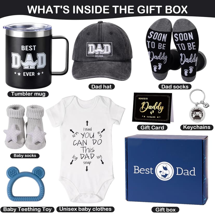 New Dad Gifts Box, 9 Pcs First Time Dad Gifts, Dad to Be Gifts for 1st Time with Tumbler Hat Onesie Socks Keychain for Baby Shower，Unique Kit for Soon to Be or Expecting Father