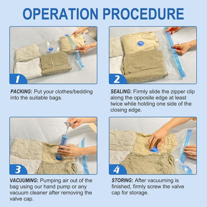 16 Pack Vacuum Storage Bags with Hand Pump, 4 Jumbo + 4 Large + 4 Medium + 4 Small Plastic Packaging Bags, 80% Space Saver Vacuum Seal Bags for Clothing, Travel Lugggage, Blankets, Comforters