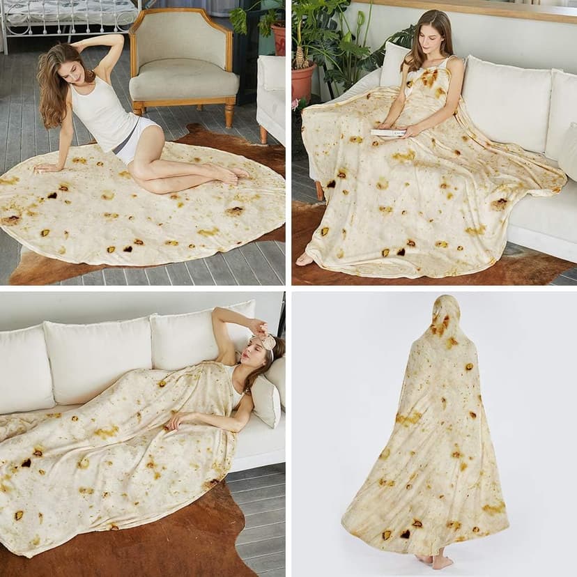 SeaRoomy Burritos Tortilla Blanket, Realistic Food Wrap Blanket Double Sided, Novelty Funny Tortilla Round Giant Soft Blankets (Beige, 47 inches)