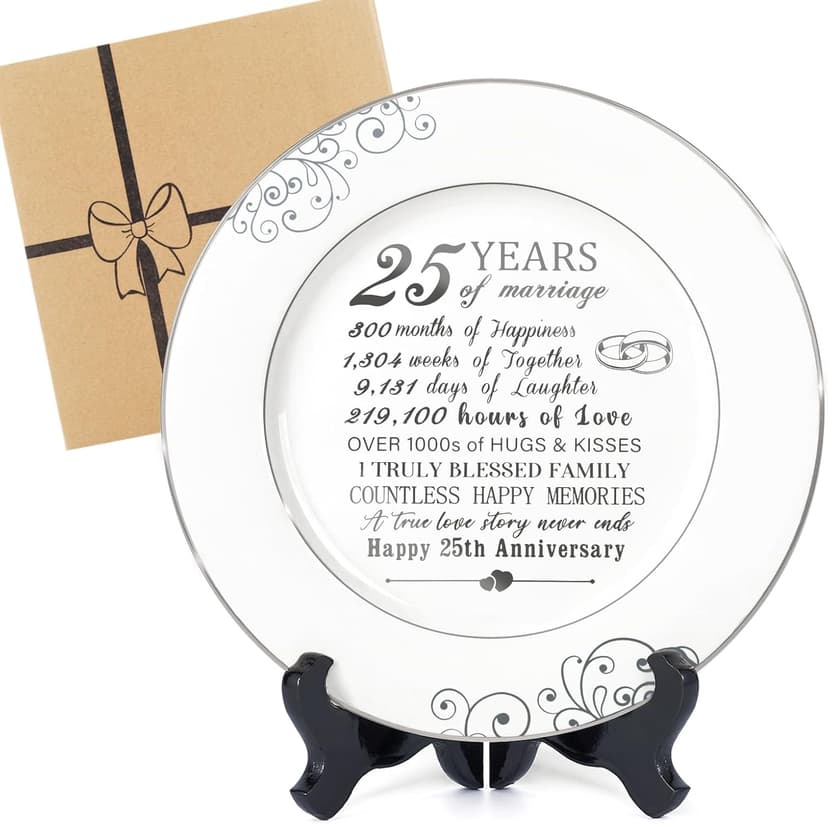 25th Anniversary Plate with Platinum Foil - Silver 25 Year Marriage Anniversary Wedding Gifts for Couple Her Him Husband Wife, 9"