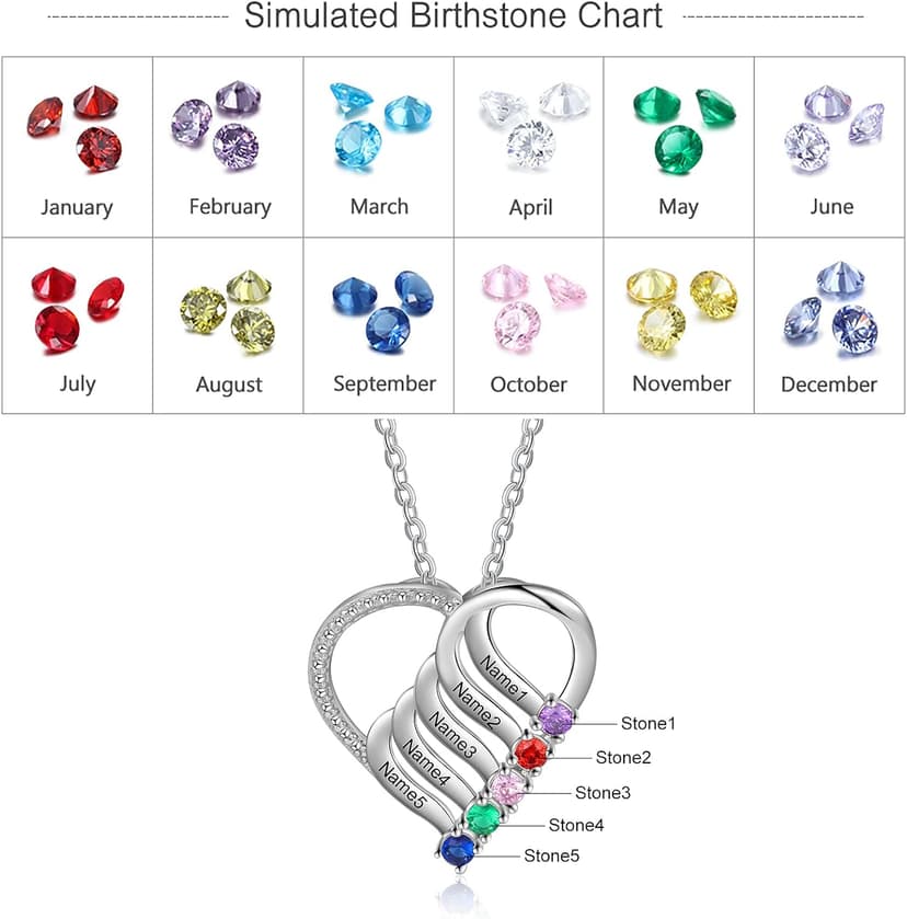 Jeweidea Personalized Heart Necklace with 2-6 Simulated Birthstones Custom Name Mother Daughter Chain Pendant for Women Mom Birthday