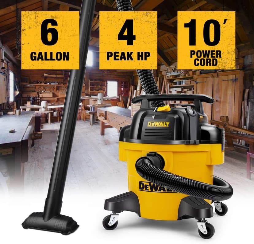 DEWALT DXV06PZ 4 Peak HP Shop Vacuums Wet/Dry, 6 Gallon Poly Wet/Dry Vac, Heavy-Duty Shop Vacuum with Blower Function Yellow+Black