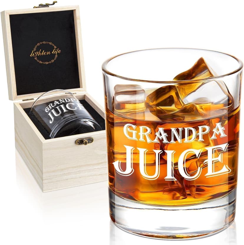 LIGHTEN LIFE Grandpa Juice Whiskey Glass 12 oz, Unique Gift in Valued Wooden Box, Funny Ideas for New Grandpa, Birthday from Grandson, Granddaughter