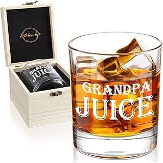 LIGHTEN LIFE Grandpa Juice Whiskey Glass 12 oz, Unique Gift in Valued Wooden Box, Funny Ideas for New Grandpa, Birthday from Grandson, Granddaughter