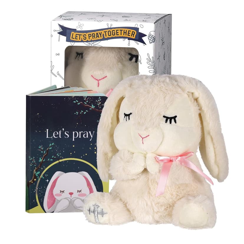 Baptism Gifts for Girls, Baby Dedication Gift, Christening Gifts for Baby Girls, Baptism Gifts Set Include 7'' Plush Bunny and Let's Pray Book in Keepsake Box.