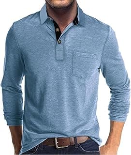 Qekoma Men's Casual Polo Shirts Classic Button Basic Long Sleeve Shirt Solid Color Cotton Tees Stylish Tops