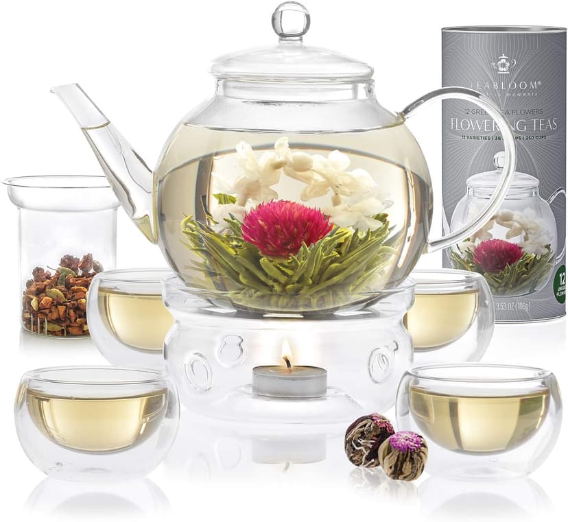 Teabloom Complete Glass Tea Set – Teapot (40 oz), Loose Tea Infuser, 4 Insulated Teacups, Tea Warmer with Candlelight, and 12 Flowering Teas – Elegant Blooming Tea Gift Set