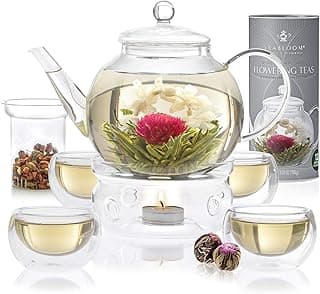 Teabloom Complete Glass Tea Set – Teapot (40 oz), Loose Tea Infuser, 4 Insulated Teacups, Tea Warmer with Candlelight, and 12 Flowering Teas – Elegant Blooming Tea Gift Set