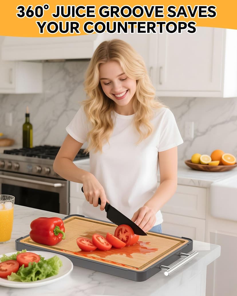 Cutting Boards for Kitchen - Food Grade Double Sided Pure Titanium& Bamboo Chopping Board with Handle, Slip resistant Non-toxic Charcuterie Board Housewarming Gifts (16×11)