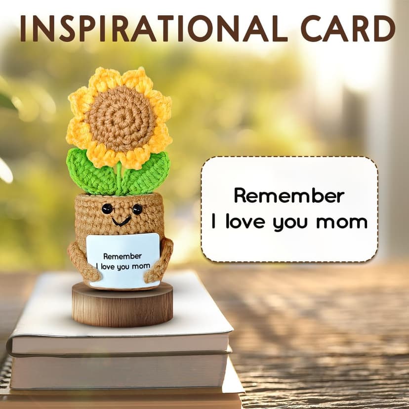 Mini Sunflower Mom Gifts from Daughter Son Kid, Handmade Crochet Mothers Day Christmas Birthday Gift with Card, Remember I Love You Mom, Positive Emotional Present, Cute Small Stuff Things