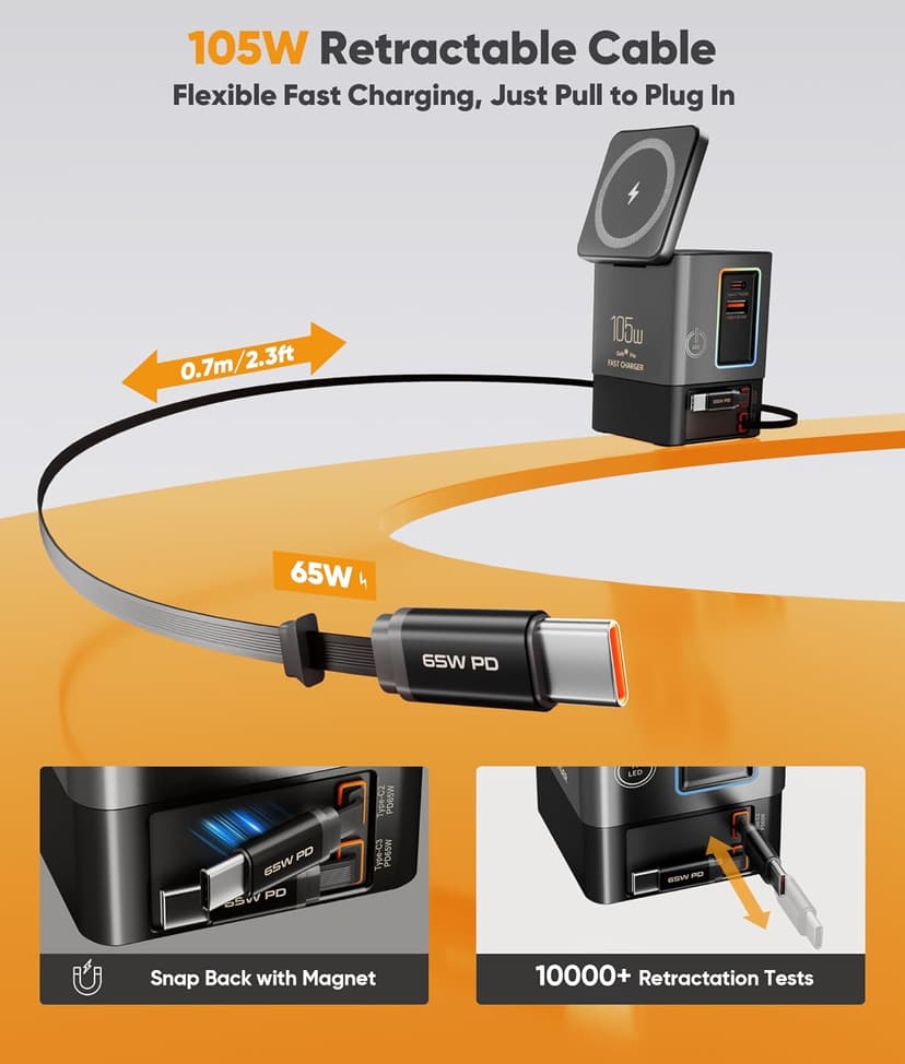 6-in-1 Charging Station,105W GaN Retractable Charger with Magnetic Pad – MagSafe Compatible, USB-C Fast Charging for iPhone, AirPods, MacBook, Apple Watch, and Other Phones, Tablets, Laptops