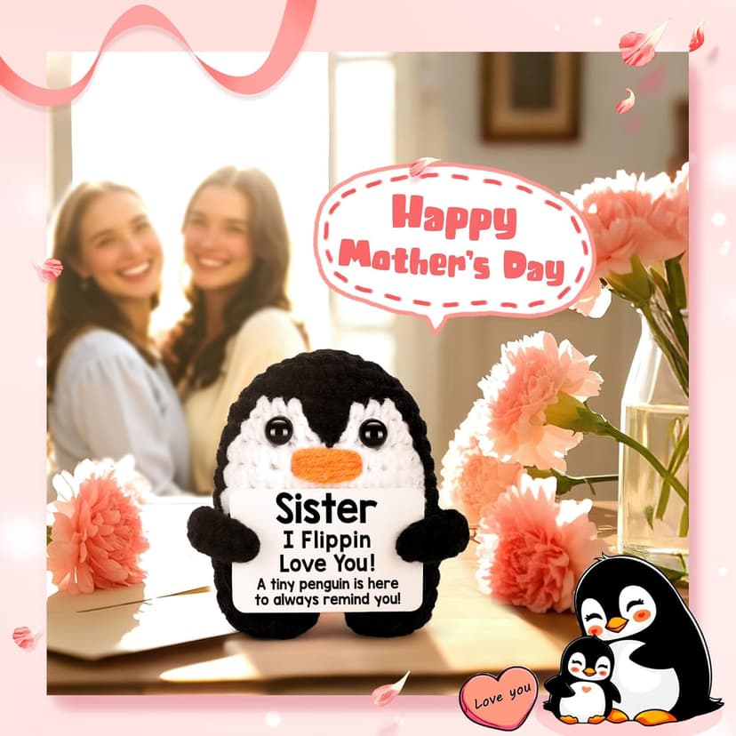 Christmas Birthday Gifts for Sister from Sisters, Handmade Crochet Penguin Sister Birthday Gift Ideas, Funny Sister Gifts for Women Girls, I Love You Sister Bestie Soul Sister Emotional Cute Decor