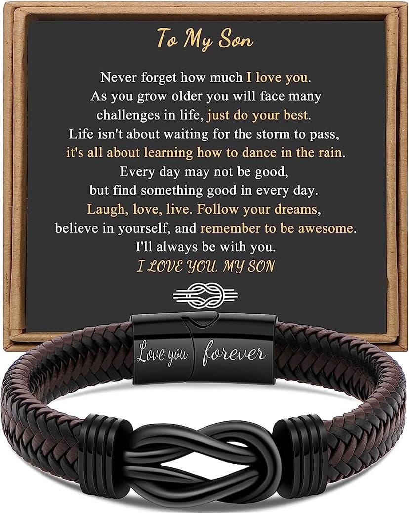 Gift for Men Infinity Bracelet for Men Dad Husband Boyfriend Son Grandson Brother Nephew Uncle Brown Braided Leather Forever Linked Together Stainless Steel Engraved with Love You Forever Jewelry 7.5|8.5|9 Inches