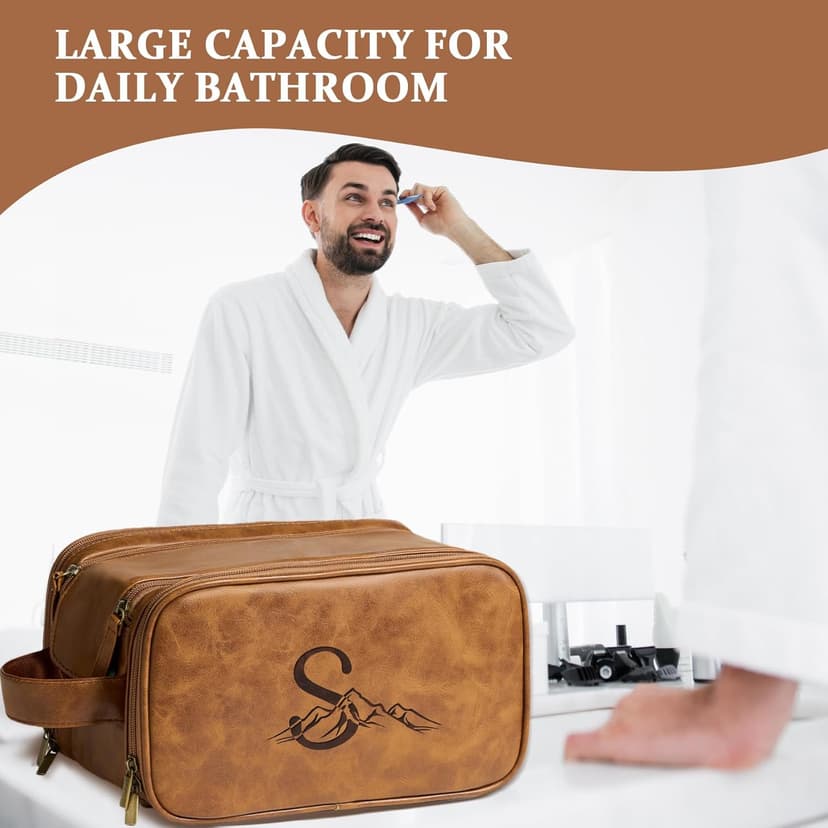 Janhavi Personalized Toiletry Bag for Men, Gifts for Boyfriend, Toiletry Bag For Shower Caddy,Personalized Initials & Mountain, Mens Toiletry Travel Bag, Travel Essentials for Men (Brown J)