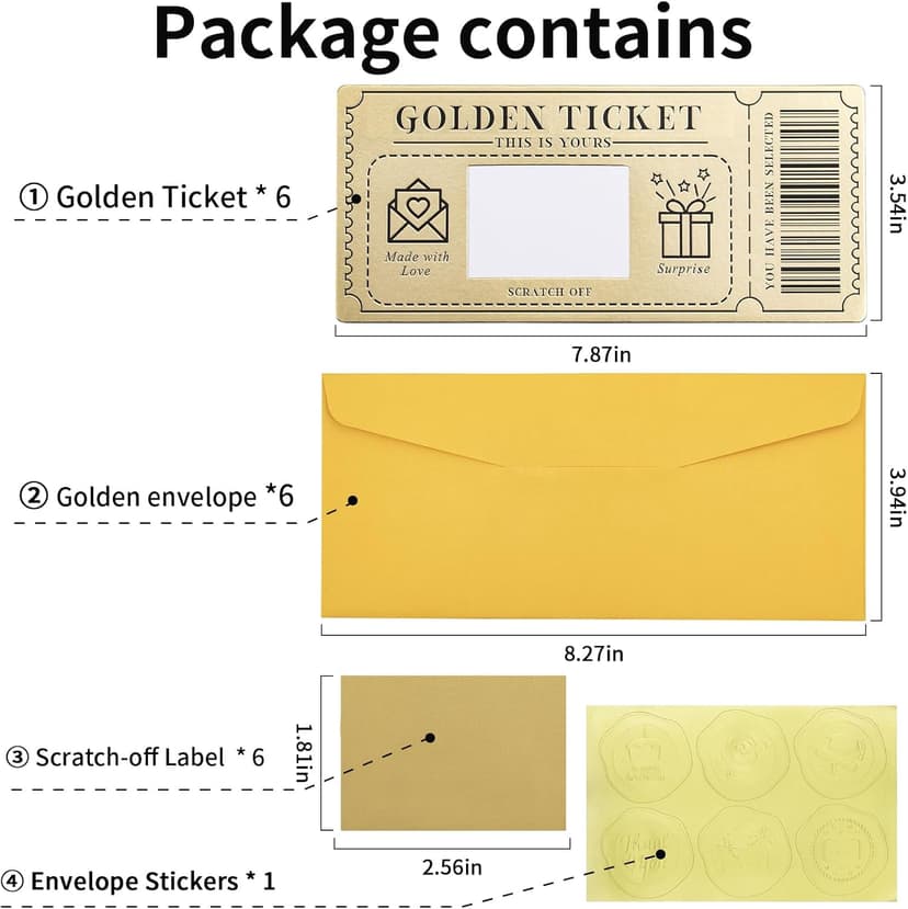 6 Pieces Golden Ticket Scratch-off Cards with Envelopes, Scratch & Reveal Surprise Ticket for Writing Your Own Special for Birthday, Girlfriends, Wives, Valentine's Day Card, Christmas Gift Card