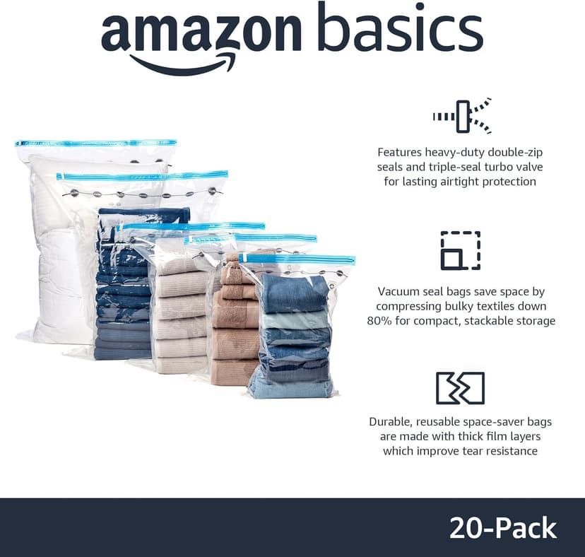 Amazon Basics Vacuum Compression Space Saving Storage Bags with Hand Pump for Travel, Multiple Sizes for Clothes and Blankets, Clear, 20 Pack (5 Small, 5 Medium, 5 Large & 5 Jumbo)