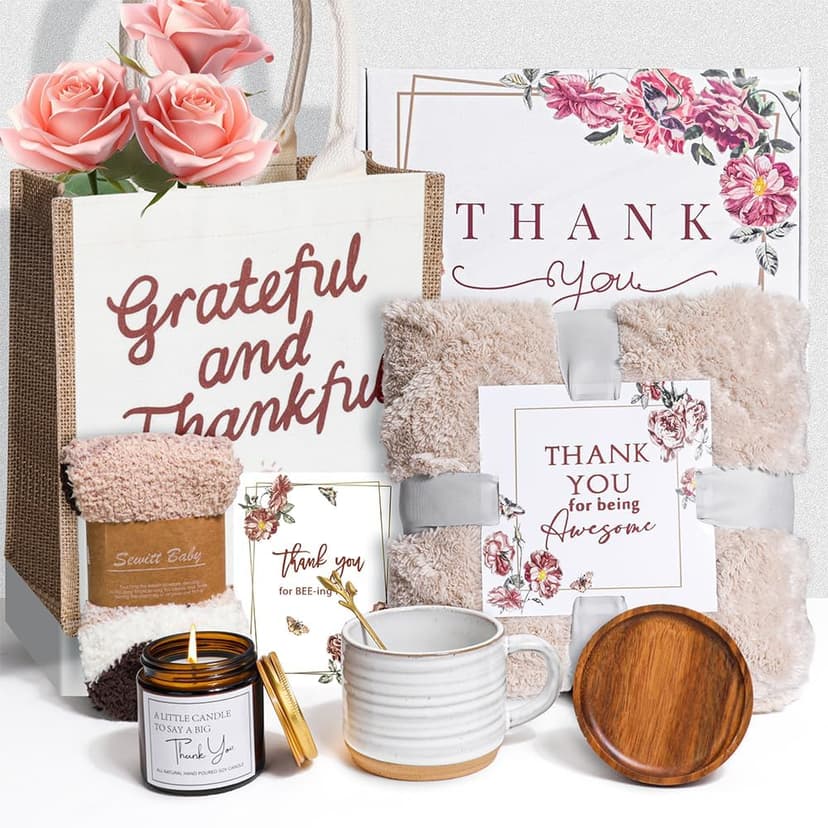 Thank You Gifts for Women,8Pcs Luxury Gift Set, Perfect for Teachers, Nurses, Coworkers, Friends,Boss,Includes Blanket, Mug, Candle, Coaster