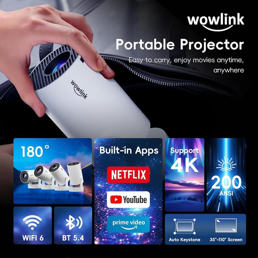 [Built-in Apps & 2025 Upgraded] Mini Projector with WiFi 6 and Bluetooth 5.4 Support 4K 1080P Auto Keystone 180° Rotatable Projector Portable Compatibile with HDMI/TV Stick/Memory Stick/Laptop, White
