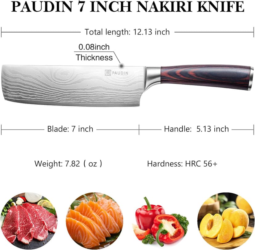 PAUDIN Nakiri Knife - 7" Razor Sharp Meat Cleaver and Vegetable Kitchen Knife, High Carbon Stainless Steel, Multipurpose Asian Chef Knife for Home and Kitchen with Ergonomic Handle