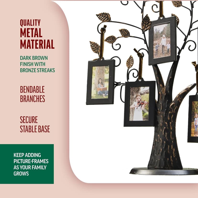 Klikel Family Tree Picture Frame Stand with 6 Hanging Photo Picture Frames - Medium Metal Tree 12 X 11 - Holds 6 Ornamental 2x3 Frames