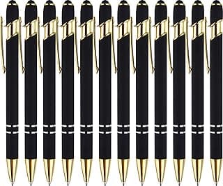 LINFANC 12 Pack Black Gold Ballpoint Pen with Stylus Tip, 1.0 mm Black Ink Smooth Writing Pens, Metal Stylus Pens for Touch Screens