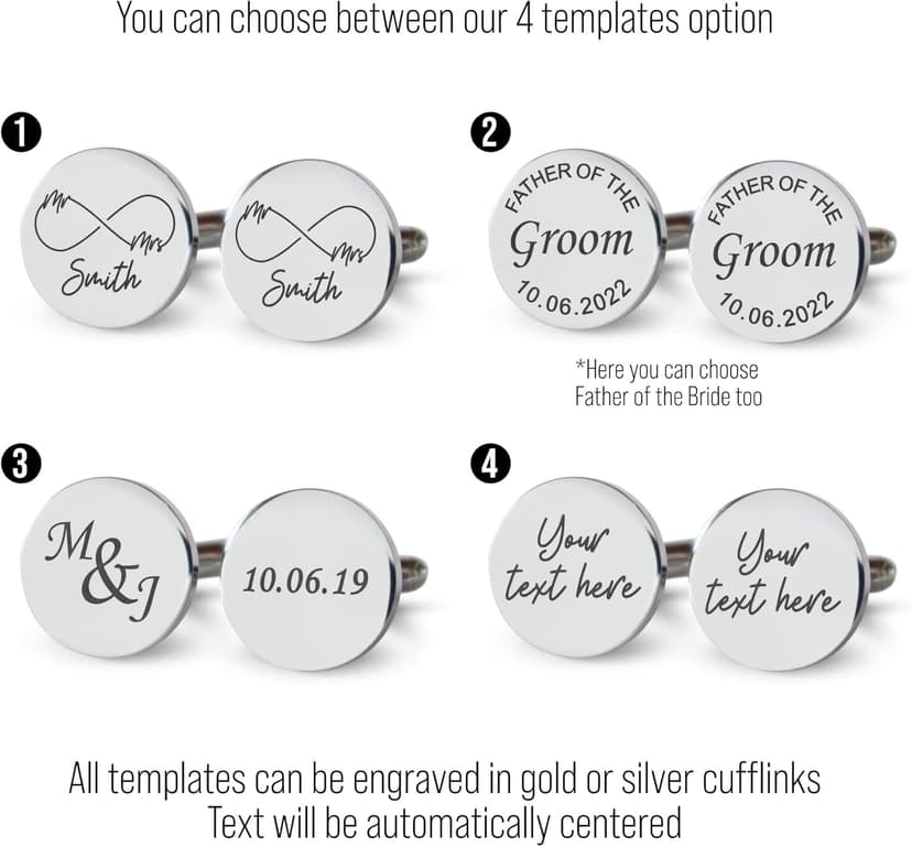 Custom engraved cufflinks for men, personalized wedding gift for groom, father of the bride & groom dad, best men, customized gold & silver cufflinks with dates, quotes or couples initials from bride